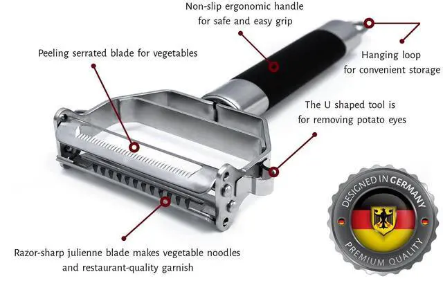 Alt view image 3 of 7 - Dual Julienne Peeler & Vegetable Peeler - Non-slip Handle - Apple Peeler & Potato Peeler, Orange Peeler, Zoodles Maker - Y Peeler, Veggie Peeler for Making Delicious Veggie Noodles