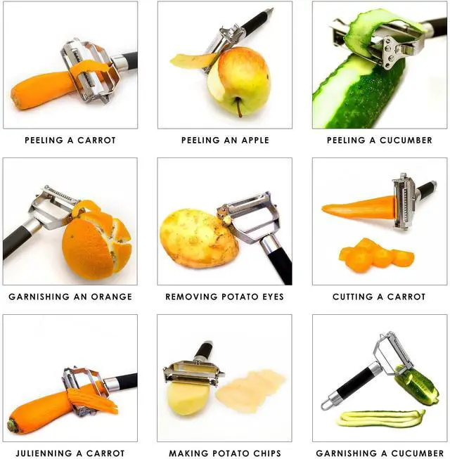 Alt view image 4 of 7 - Dual Julienne Peeler & Vegetable Peeler - Non-slip Handle - Apple Peeler & Potato Peeler, Orange Peeler, Zoodles Maker - Y Peeler, Veggie Peeler for Making Delicious Veggie Noodles