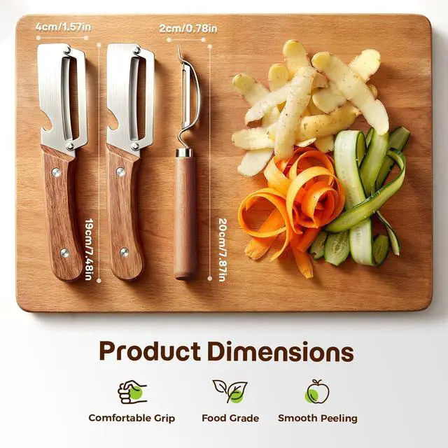 Alt view image 5 of 7 - 3-Pack Multi-Functional Vegetable Peeler for Kitchen, Ultra Sharp Stainless Steel Fruit & Potato Peelers with Ergonomic Wood Handle for Apple, Carrot, Cucumber, Pumpkin & Everyday Cooking
