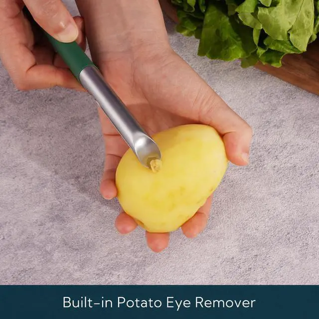 Alt view image 3 of 7 - Swivel Vegetable Potato Peeler for Kitchen, Japanese Stainless Steel Sharp Blade, Heavy Duty Die-cast Construction, Built-in Eye Remover, Soft-touch Handle, Dishwasher Safe, Green