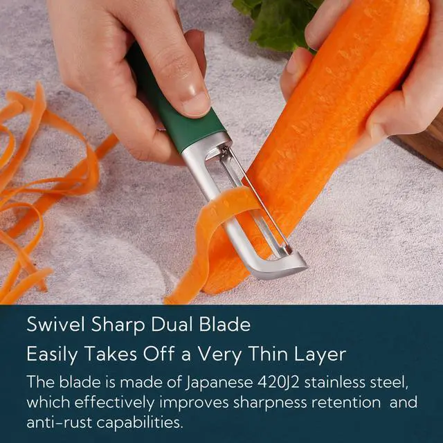 Alt view image 4 of 7 - Swivel Vegetable Potato Peeler for Kitchen, Japanese Stainless Steel Sharp Blade, Heavy Duty Die-cast Construction, Built-in Eye Remover, Soft-touch Handle, Dishwasher Safe, Green