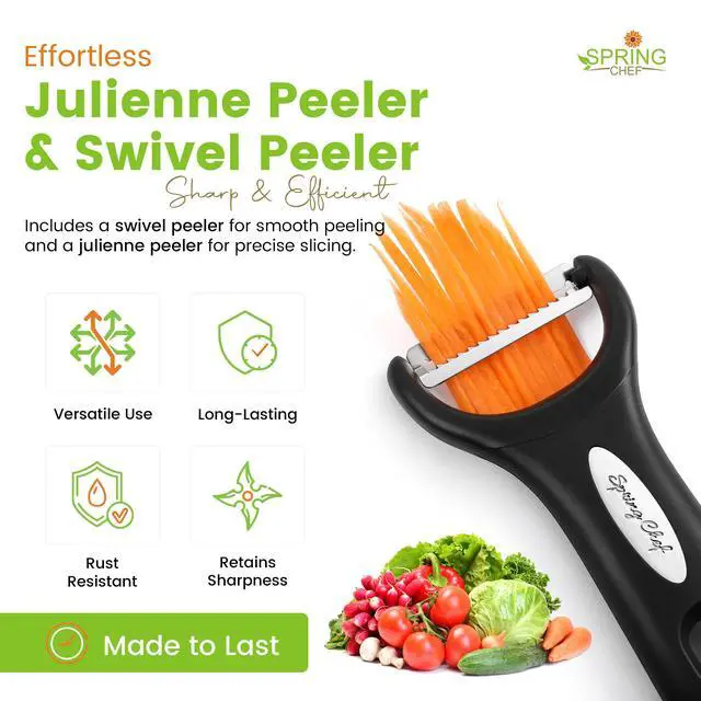 Alt view image 2 of 7 - Swivel & Vegetable Julienne Peeler Set for Kitchen with Stainless Steel Sharp Blades - Potato Peelers with Soft Grip Handles & Blade Covers - Perfect for Carrot, Zucchini, Cucumber - Black