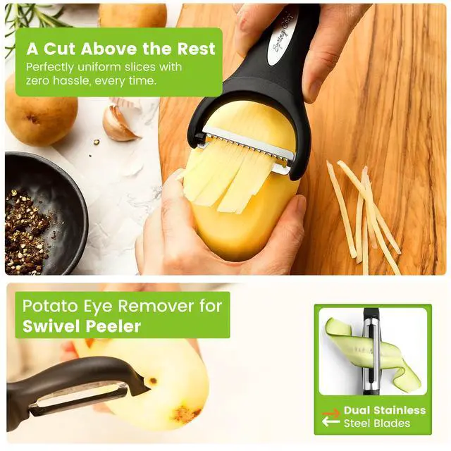 Alt view image 4 of 7 - Swivel & Vegetable Julienne Peeler Set for Kitchen with Stainless Steel Sharp Blades - Potato Peelers with Soft Grip Handles & Blade Covers - Perfect for Carrot, Zucchini, Cucumber - Black