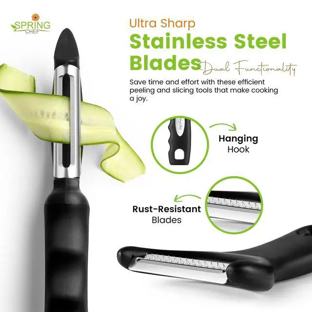 Alt view image 5 of 7 - Swivel & Vegetable Julienne Peeler Set for Kitchen with Stainless Steel Sharp Blades - Potato Peelers with Soft Grip Handles & Blade Covers - Perfect for Carrot, Zucchini, Cucumber - Black