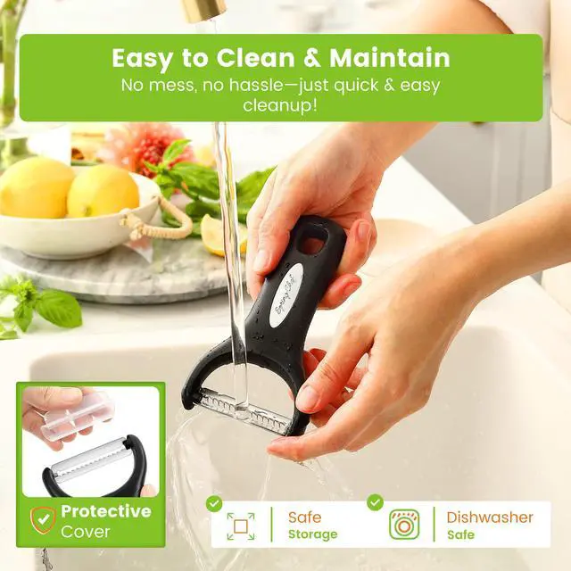 Alt view image 6 of 7 - Swivel & Vegetable Julienne Peeler Set for Kitchen with Stainless Steel Sharp Blades - Potato Peelers with Soft Grip Handles & Blade Covers - Perfect for Carrot, Zucchini, Cucumber - Black