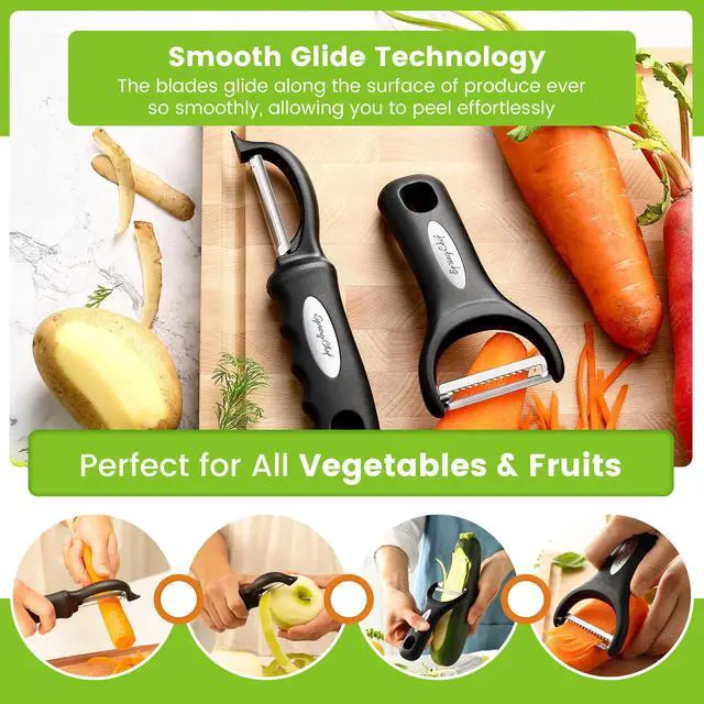 Alt view image 7 of 7 - Swivel & Vegetable Julienne Peeler Set for Kitchen with Stainless Steel Sharp Blades - Potato Peelers with Soft Grip Handles & Blade Covers - Perfect for Carrot, Zucchini, Cucumber - Black