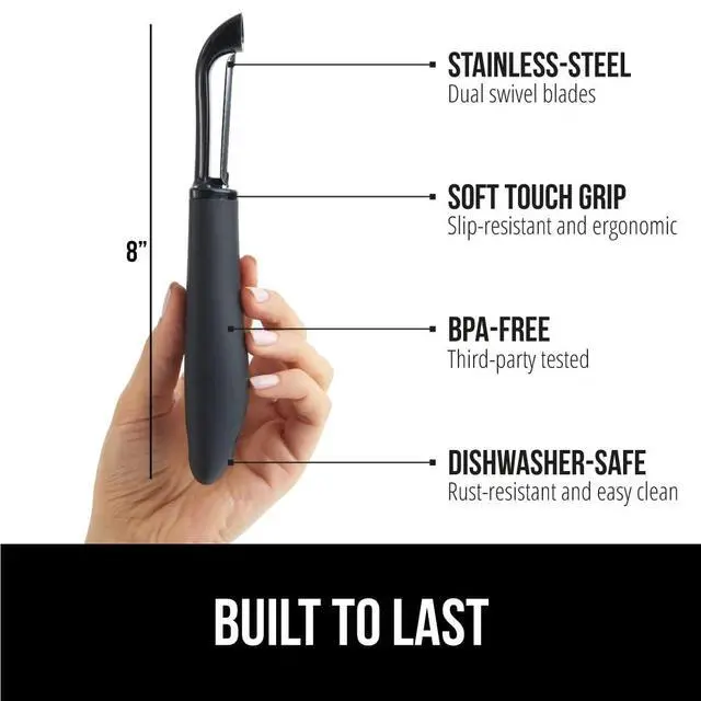 Alt view image 2 of 7 - Patented BPA-Free Vegetable Peeler, Extra Sharp Swivel Stainless Steel Blades with Guard, Comfortable Soft Handle, Easily Peel Carrots or Fruit, Potato Eye Remover, Washer Safe, Black