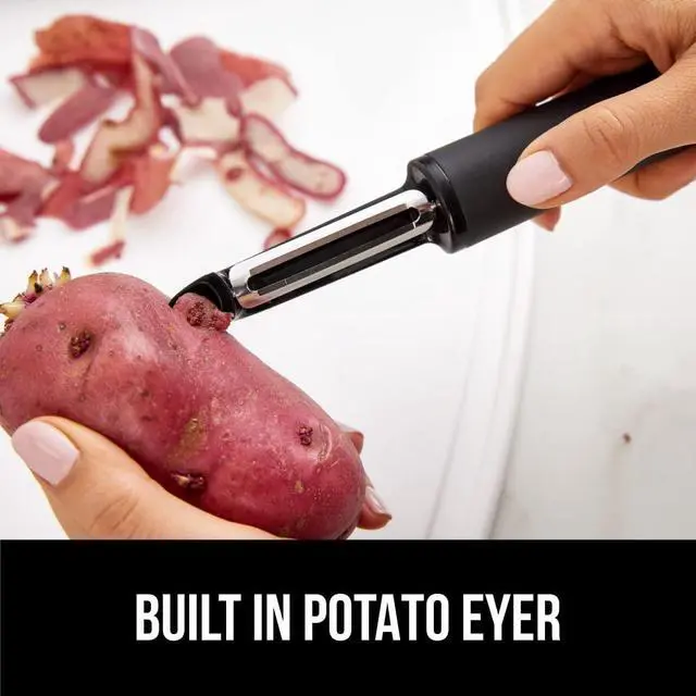 Alt view image 7 of 7 - Patented BPA-Free Vegetable Peeler, Extra Sharp Swivel Stainless Steel Blades with Guard, Comfortable Soft Handle, Easily Peel Carrots or Fruit, Potato Eye Remover, Washer Safe, Black