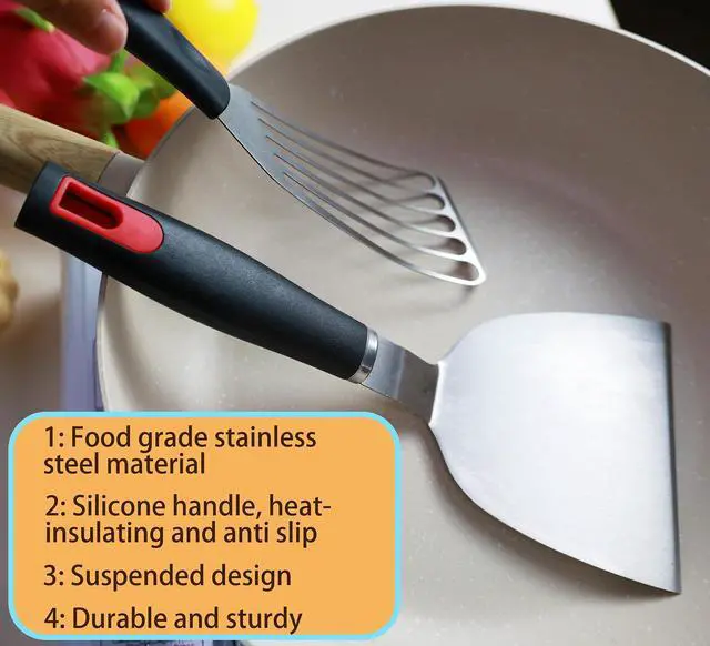 Alt view image 3 of 7 - Spatula Set Stainless Steel Kitchen Metal Spatula for Cast Iron Skillet with Silicone Handle, Fish Spatula Turner Flipper for Pancake Burger Egg Cooking Spatulas BBQ Grill Griddle