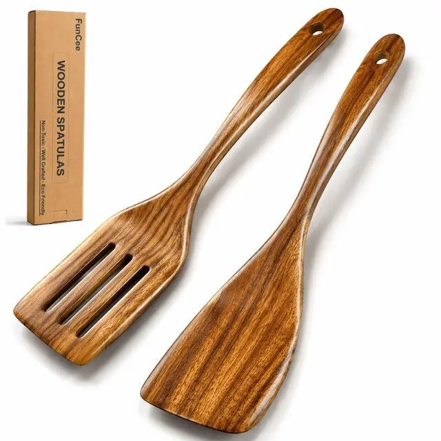 Main image of 2 Pack Wooden Spatula, Acacia Wood Long Handle Flat Frying Turner, Handmade wooden spoons for cooking, Kitchen Utensil set, Non-Stick Cooking Spurtle Utensils for kitchen use