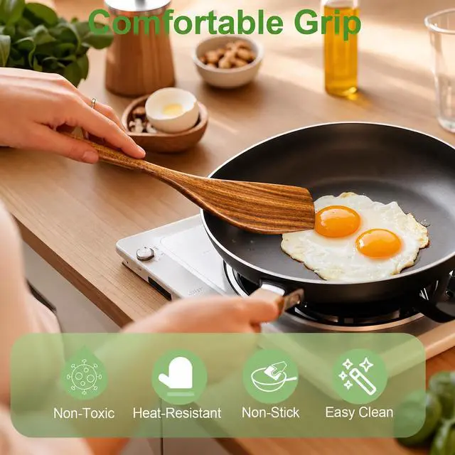 Alt view image 2 of 7 - 2 Pack Wooden Spatula, Acacia Wood Long Handle Flat Frying Turner, Handmade wooden spoons for cooking, Kitchen Utensil set, Non-Stick Cooking Spurtle Utensils for kitchen use