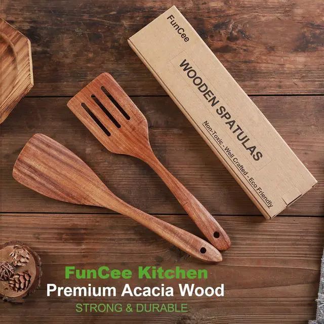 Alt view image 5 of 7 - 2 Pack Wooden Spatula, Acacia Wood Long Handle Flat Frying Turner, Handmade wooden spoons for cooking, Kitchen Utensil set, Non-Stick Cooking Spurtle Utensils for kitchen use