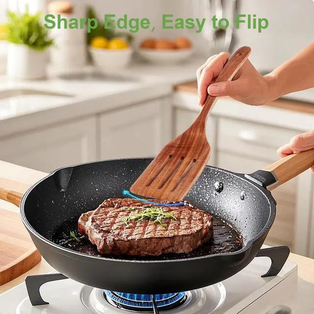 Alt view image 4 of 7 - 2 Pack Wooden Spatula, Acacia Wood Long Handle Flat Frying Turner, Handmade wooden spoons for cooking, Kitchen Utensil set, Non-Stick Cooking Spurtle Utensils for kitchen use