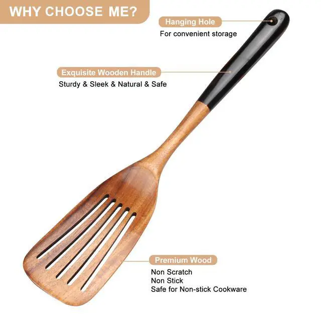 Alt view image 3 of 7 - 2 Pcs Wooden Spatula Set for Cooking Non Toxic Teak Kitchen Utensils Slotted Pancake Turner Flat Wood Wok Spatulas Bamboo Spoon for Cooking Utensil Set Spurtle Scraper Black Fish Egg Flipper Spatula
