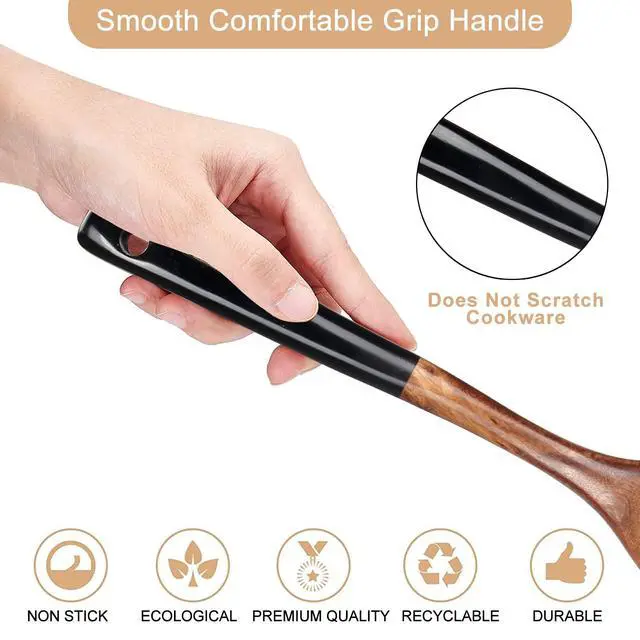 Alt view image 5 of 7 - 2 Pcs Wooden Spatula Set for Cooking Non Toxic Teak Kitchen Utensils Slotted Pancake Turner Flat Wood Wok Spatulas Bamboo Spoon for Cooking Utensil Set Spurtle Scraper Black Fish Egg Flipper Spatula