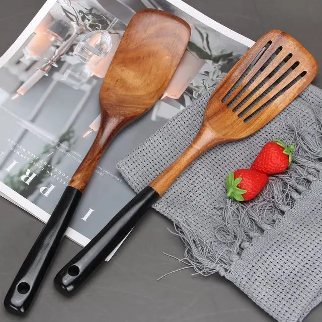 Alt view image 4 of 7 - 2 Pcs Wooden Spatula Set for Cooking Non Toxic Teak Kitchen Utensils Slotted Pancake Turner Flat Wood Wok Spatulas Bamboo Spoon for Cooking Utensil Set Spurtle Scraper Black Fish Egg Flipper Spatula