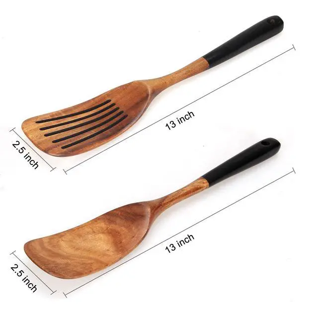 Alt view image 6 of 7 - 2 Pcs Wooden Spatula Set for Cooking Non Toxic Teak Kitchen Utensils Slotted Pancake Turner Flat Wood Wok Spatulas Bamboo Spoon for Cooking Utensil Set Spurtle Scraper Black Fish Egg Flipper Spatula