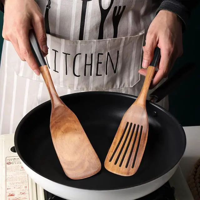 Alt view image 2 of 7 - 2 Pcs Wooden Spatula Set for Cooking Non Toxic Teak Kitchen Utensils Slotted Pancake Turner Flat Wood Wok Spatulas Bamboo Spoon for Cooking Utensil Set Spurtle Scraper Black Fish Egg Flipper Spatula