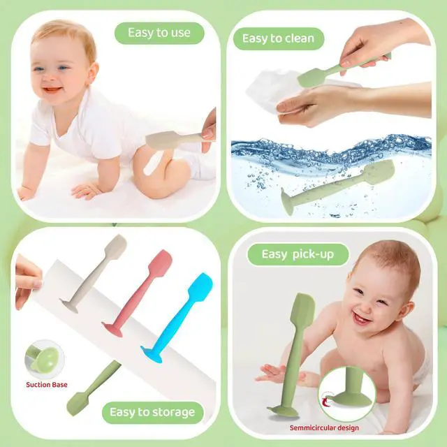 Alt view image 4 of 7 - Baby Diaper Cream Spatula 3 Pack Diaper Spatulas Soft Silicone Diaper Cream Applicator Baby Butt Paste Spatula Brush with Suction Base,Full Size(Gray+Off-white+Green