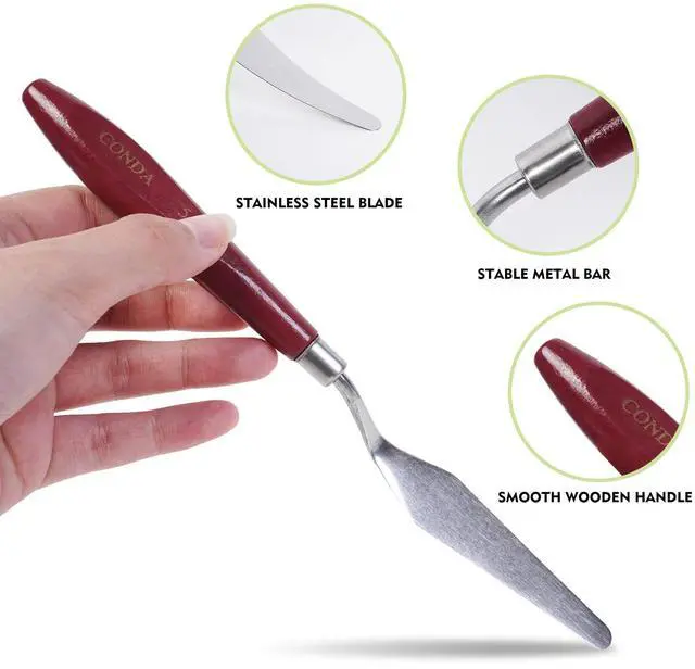 Alt view image 3 of 7 - Palette Knife Painting Stainless Steel Spatula Palette Knife Oil Paint Metal Knives Wood Handle (Red 5 Piece)