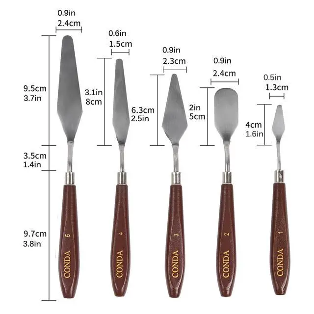 Alt view image 5 of 7 - Palette Knife Painting Stainless Steel Spatula Palette Knife Oil Paint Metal Knives Wood Handle (Red 5 Piece)