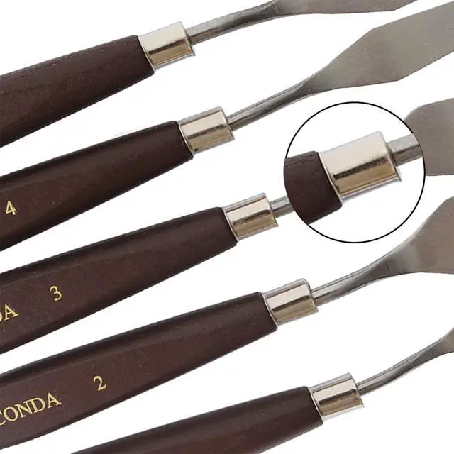 Alt view image 7 of 7 - Palette Knife Painting Stainless Steel Spatula Palette Knife Oil Paint Metal Knives Wood Handle (Red 5 Piece)