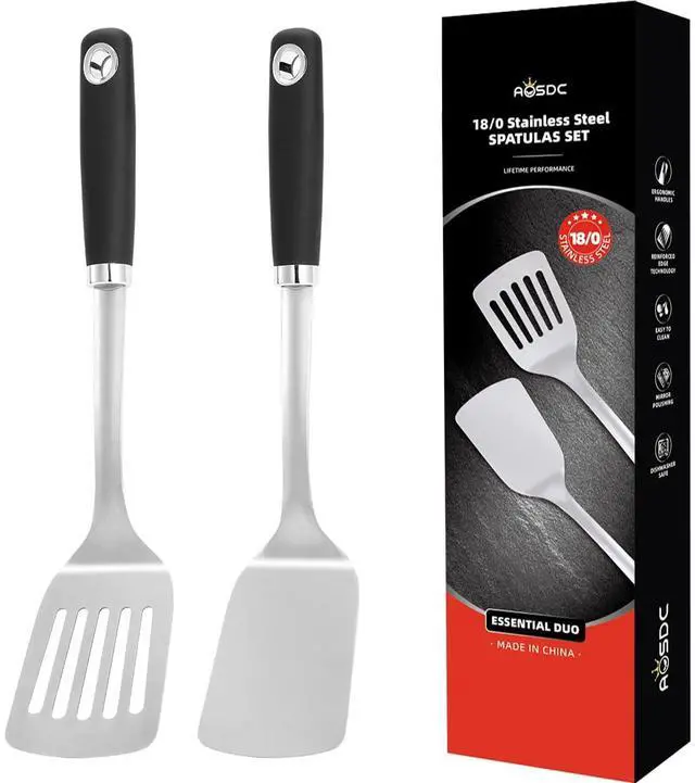 Main image of 2 Pcs Stainless Steel Spatulas Set,14.9 Silver Slotted Turner, Solid Turner, Kitchen Cooking Utensils Set, High Heat Resistant, Grilling Frying Serving Food, Easy to Clean