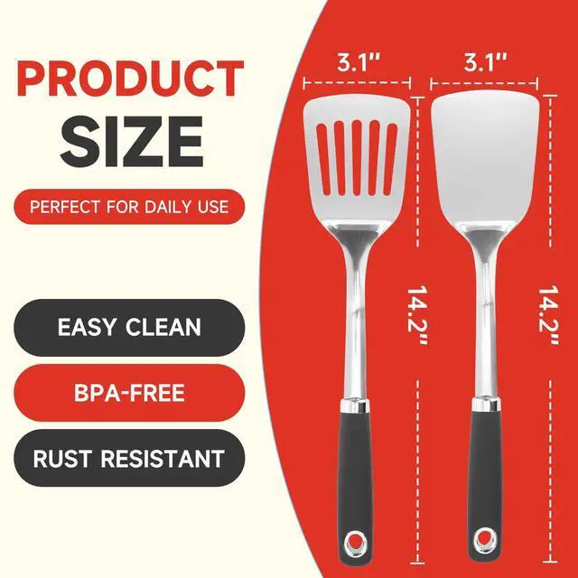 Alt view image 2 of 7 - 2 Pcs Stainless Steel Spatulas Set,14.9 Silver Slotted Turner, Solid Turner, Kitchen Cooking Utensils Set, High Heat Resistant, Grilling Frying Serving Food, Easy to Clean
