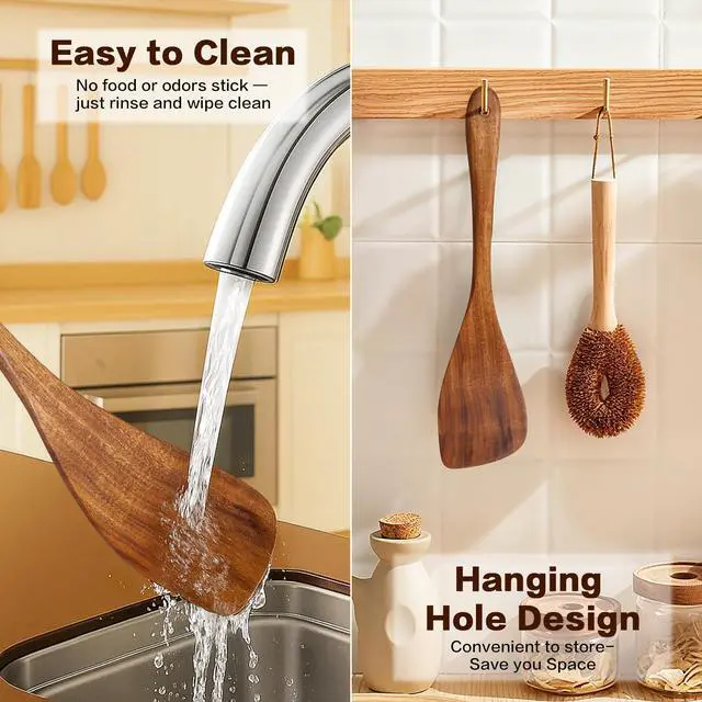 Alt view image 5 of 5 - Wooden Spatula Nonstick Turner Acacia Wood, Right Long Handle Flat Frying Spatulas Handmade for Mother Wife Grandma Her Kitchen Gift, Ideal Cookware Utensils for Cooking Eggs, Fish, Pancakes