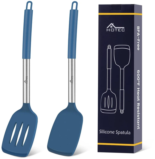 Main image of Silicone Spatula Set of 2 Heat-Resistant 600°F & BPA-Free Kitchen SaptulaTurner with Stainless Steel Handles, Slotted & Solid Spatulas for Nonstick Cookware, 13.7 Inch, Classic Blue