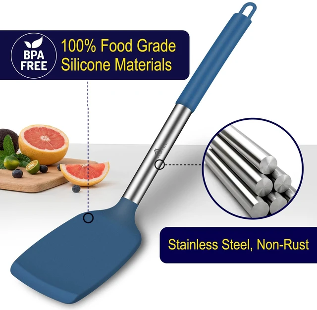 Alt view image 3 of 7 - Silicone Spatula Set of 2 Heat-Resistant 600°F & BPA-Free Kitchen SaptulaTurner with Stainless Steel Handles, Slotted & Solid Spatulas for Nonstick Cookware, 13.7 Inch, Classic Blue