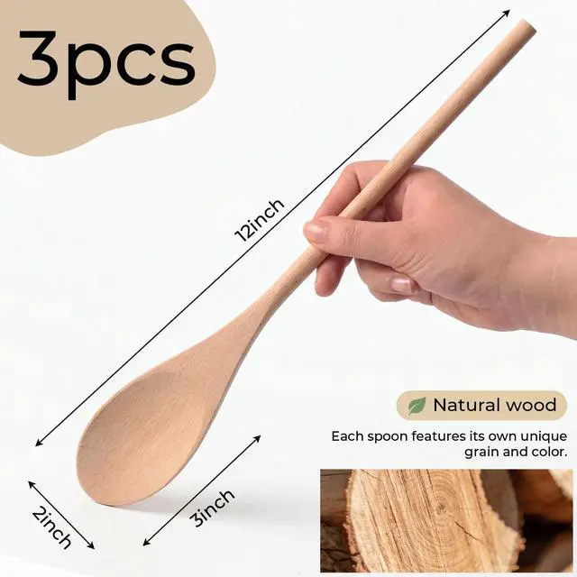 Alt view image 7 of 7 - 3PCS Wooden Spoons for Cooking, 12 Inch Long Handle Mixing Spoons for Baking, Tasting, Stirring Food, Hot Soups, Large Wooden Utensils for Nonstick Cookwares, Thoughtful Kitchen Gifts
