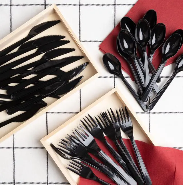 Alt view image 5 of 7 - 50 Pack Heavy Weight Plastic Spoons Black Disposable Spoons Plastic Cutlery Set