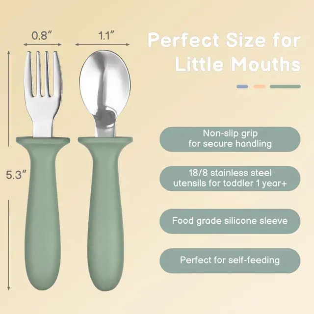 Alt view image 2 of 7 - Toddler Utensils, 6 Pack kids Silverware Set with Silicone Handle, 18/8 Stainless Steel Children Safe Forks and Spoons, Dishwasher Safe