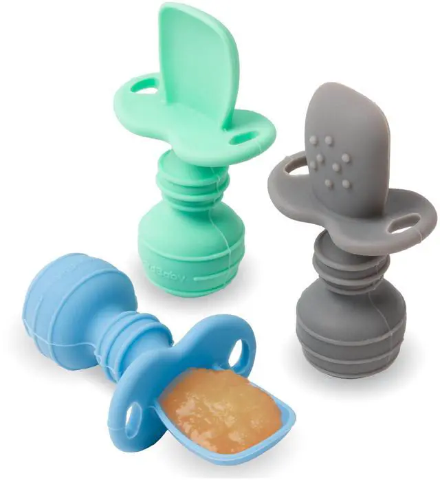 Main image of Self-Feeding Spoon - Anti Choke Barrier - Silicone Baby Spoons Toddler Utensils for Home & Travel, Textured Tips Massage Gums & Baby-Led Weaning (Blue/Gray/Mint)