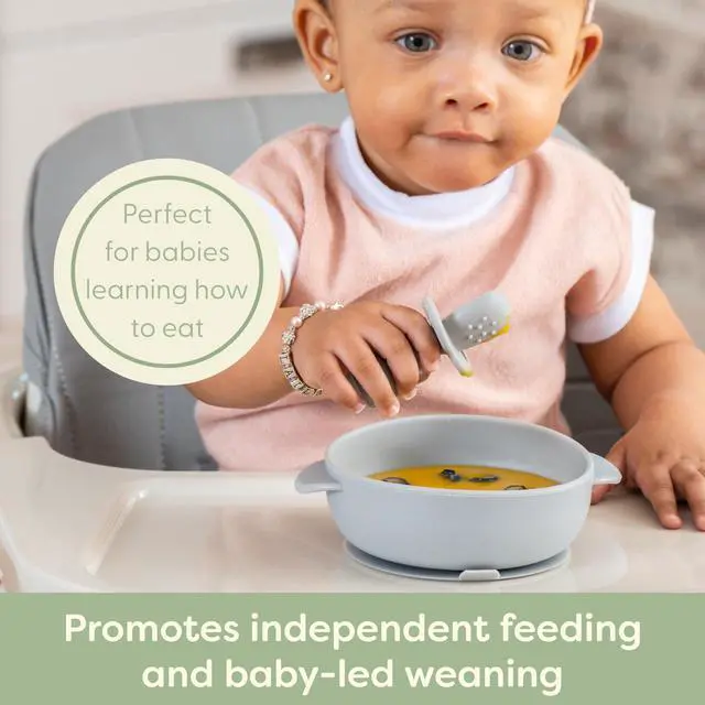 Alt view image 2 of 7 - Self-Feeding Spoon - Anti Choke Barrier - Silicone Baby Spoons Toddler Utensils for Home & Travel, Textured Tips Massage Gums & Baby-Led Weaning (Blue/Gray/Mint)
