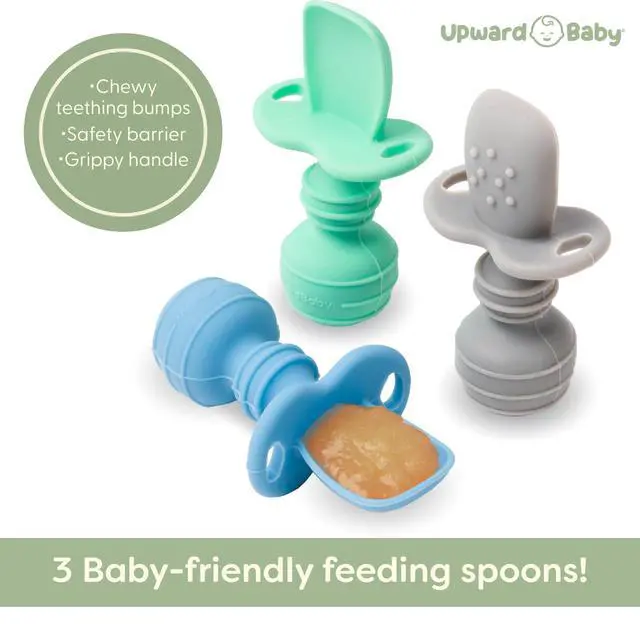 Alt view image 3 of 7 - Self-Feeding Spoon - Anti Choke Barrier - Silicone Baby Spoons Toddler Utensils for Home & Travel, Textured Tips Massage Gums & Baby-Led Weaning (Blue/Gray/Mint)
