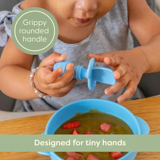 Alt view image 5 of 7 - Self-Feeding Spoon - Anti Choke Barrier - Silicone Baby Spoons Toddler Utensils for Home & Travel, Textured Tips Massage Gums & Baby-Led Weaning (Blue/Gray/Mint)