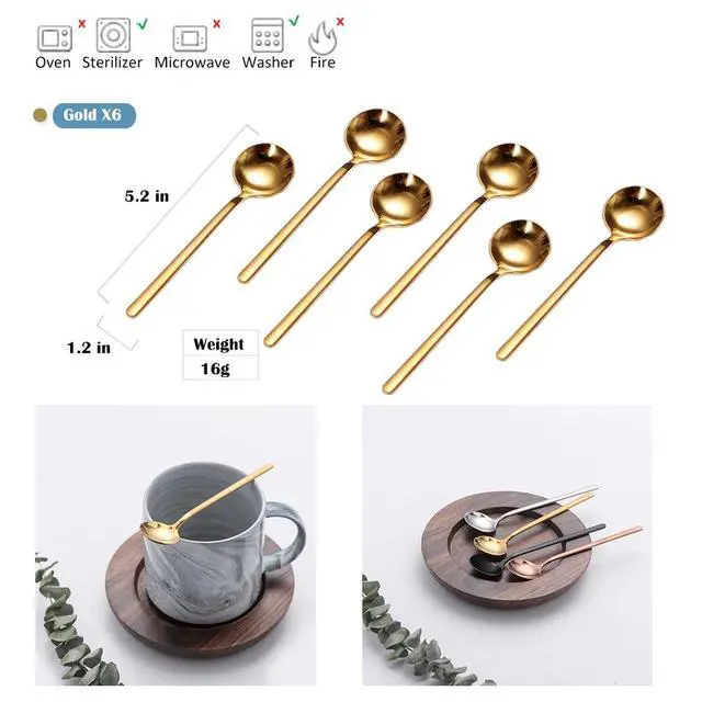Alt view image 3 of 7 - 6 PCS Gold Coffee Spoons, 18/8 Stainless Steel Espresso Spoons, 5.2 Inches Vogue Mini Tea Spoon, Cappuccino Stirring Small Spoon for Dessert, Ice Cream, Frosted Handle (Gold)
