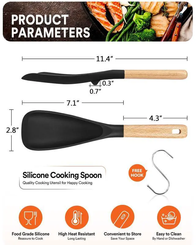 Alt view image 2 of 7 - Cooking Spoon for Nonstick Cookwares, Great for Cooking and Serving Sturdy BPA-Free Matte Silicone, Wood Handle Spoon for Mixing, Scoop, and Scrape (BLACK, 11.4 inch)