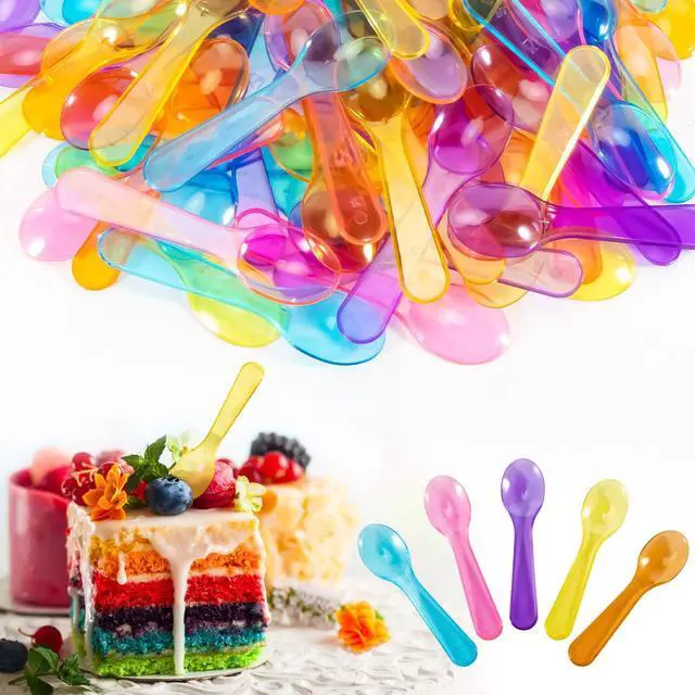 Main image of Mini Spoons - 100PCS Tasting Spoons Plastic Disposable Cutlery Small Spoon For Tasting Ice Cream Cake Jelly Pie Yogurt Dessert For Party Celebrations Multi-Color