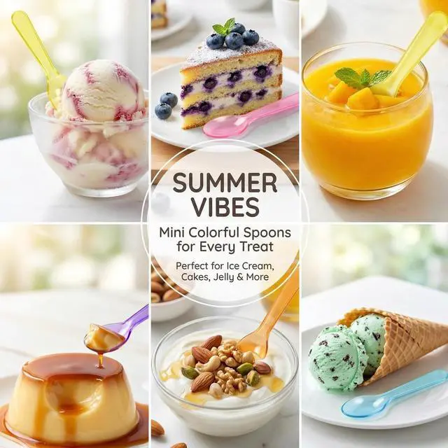 Alt view image 2 of 7 - Mini Spoons - 100PCS Tasting Spoons Plastic Disposable Cutlery Small Spoon For Tasting Ice Cream Cake Jelly Pie Yogurt Dessert For Party Celebrations Multi-Color