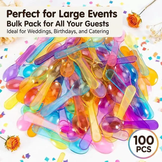 Alt view image 6 of 7 - Mini Spoons - 100PCS Tasting Spoons Plastic Disposable Cutlery Small Spoon For Tasting Ice Cream Cake Jelly Pie Yogurt Dessert For Party Celebrations Multi-Color