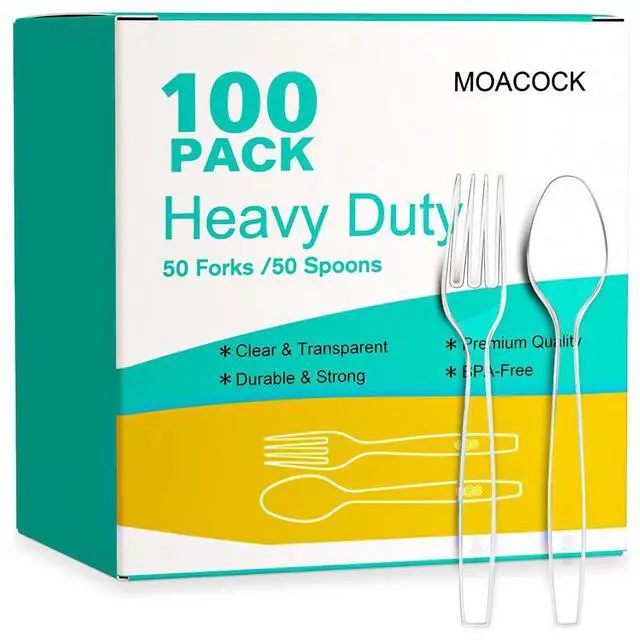 Main image of 100 Count Plastic Silverware, Heavy Weight Plastic Forks Spoons Disposable Utensils Cutlery Set for Wedding Party Supplies Everyday Use