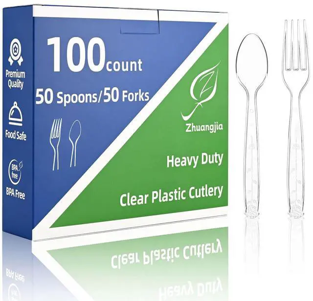 Main image of 100 Count Plastic Silverware Heavy Duty 50Forks50Spoons | Shatterproof BPA-Free Disposable Cutlery Heat Resistant Disposable Plastic Utensils for Catering & Events, Party Supplies