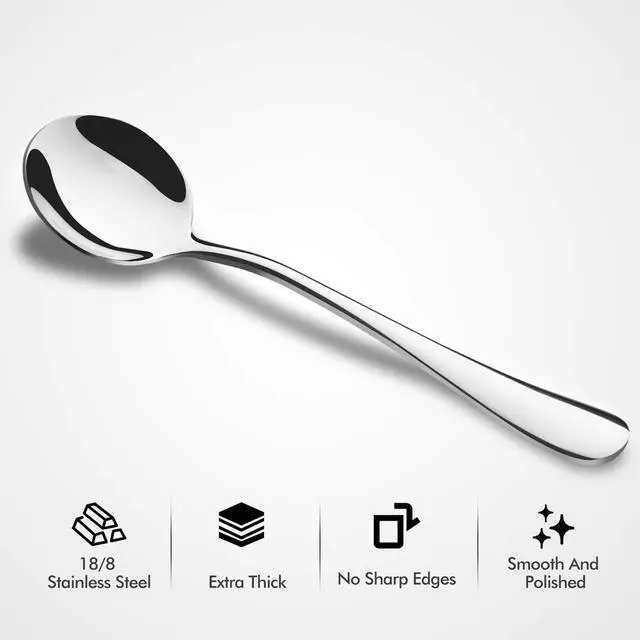 Alt view image 2 of 7 - 12-Piece Soup Spoons, Round Stainless Steel Bouillon Spoons