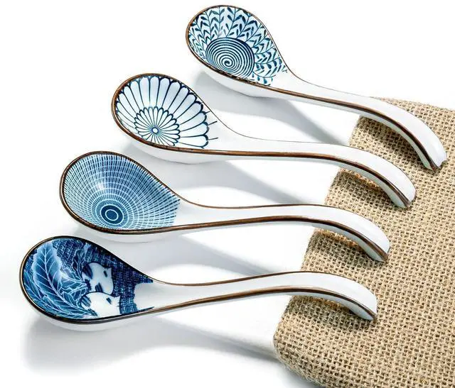 Main image of Asian Ceramic Soup Spoon, with Long Handle Easy to Hold, Non-slip Bottom, for Japanese Ramen, Chinese and Vietnamese Wonton, Noodle Soup Spoons (V86)