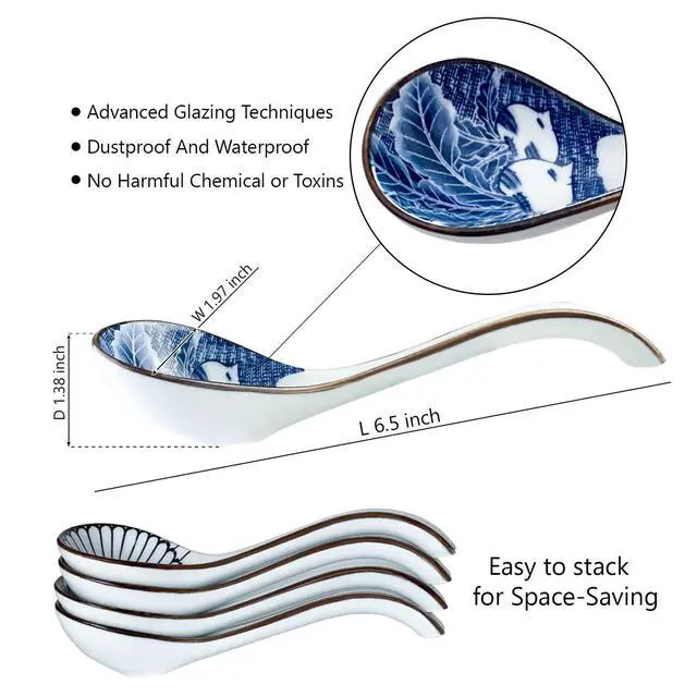 Alt view image 2 of 6 - Asian Ceramic Soup Spoon, with Long Handle Easy to Hold, Non-slip Bottom, for Japanese Ramen, Chinese and Vietnamese Wonton, Noodle Soup Spoons (V86)