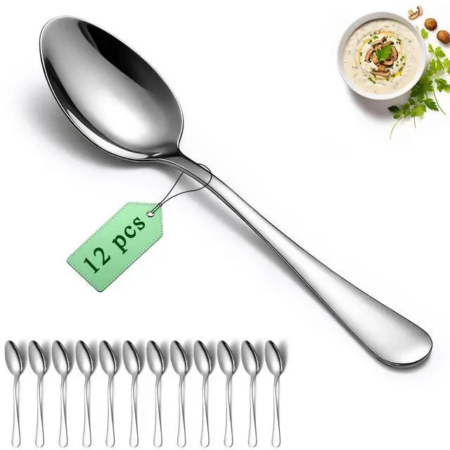 Main image of Dinner Spoons Set 12pcs, 7.36" Soup Spoon Food Grade Stainless Steel Silverware Spoons, Metal Tablespoon for Home, Kitchen or Restaurant Mirror Polished, Dishwasher Safe