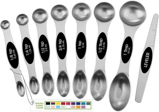 Main image of Stainless Steel Magnetic Measuring Spoons Set with Strong N45 Magnets, Heavy Duty Metal Kitchen Gadgets for Baking & Cooking, Fits in Most Kitchen Spice Jars, Set of 8 with Leveler, Black